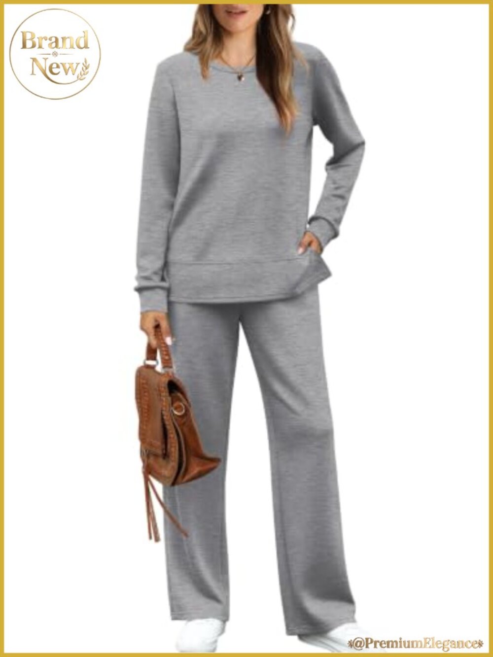 Wide Leg 2 Piece Lounge Set Crewneck Sweatshirt Drawstring Sweatpants Pockets